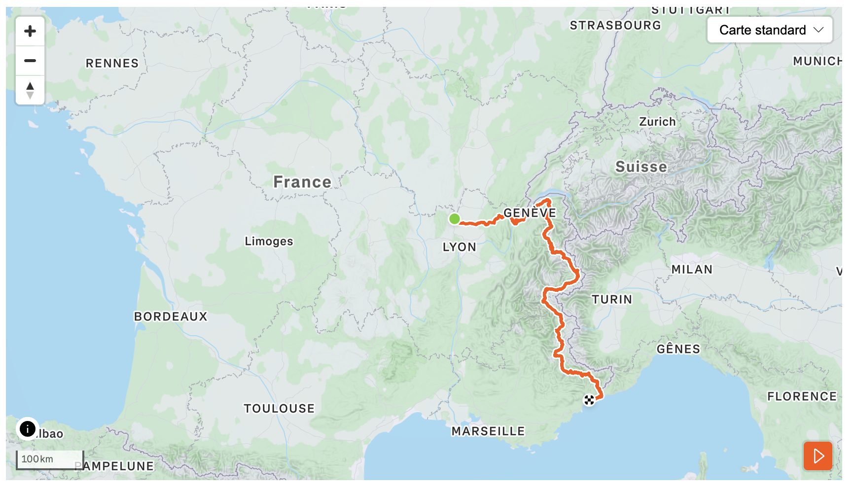 Carte du parcours Belleville-en-Beaujolais vers Nice